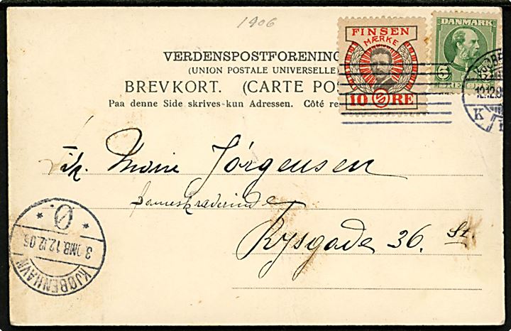5 øre Chr. IX og 10 øre Finsen-mærke på brevkort (Journalistforeningens Jubilæumsfest) i Kjøbenhavn d. 12.12.1906. Lodret fold.