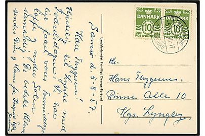 10 øre Bølgelinie (par) på brevkort (Sigvard Hagsted: F.D.F. på lejr) dateret Samsø og annulleret med brotype IIc skibsstempel Fra Aarhus - Kalundborg d. 5.8.1957 til Lyngby.