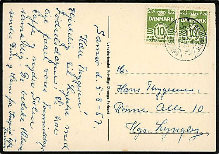 10 øre Bølgelinie (par) på brevkort (Sigvard Hagsted: F.D.F. på lejr) dateret Samsø og annulleret med brotype IIc skibsstempel Fra Aarhus - Kalundborg d. 5.8.1957 til Lyngby.