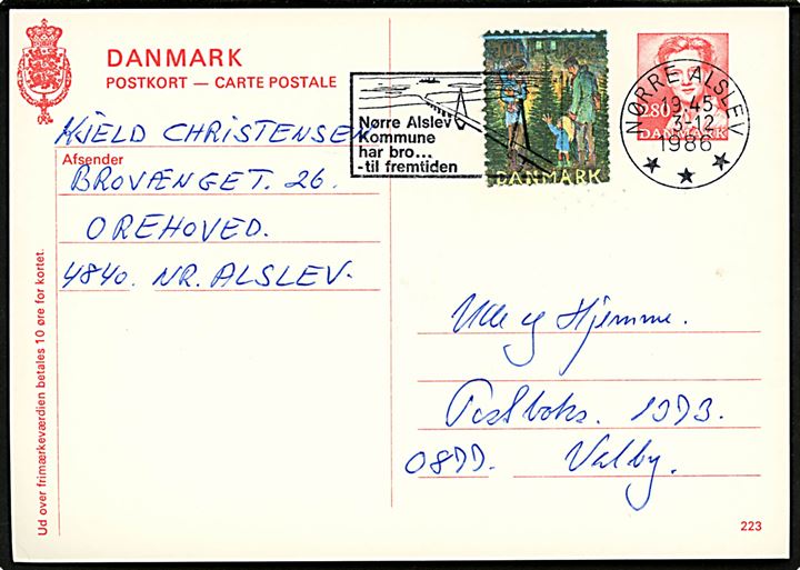 2,80 kr. Margrethe helsagsbrevkort (fabr. 223) med Julemærke 1986 fra Orehoved annulleret Nørre Alslev d. 3.12.1986 til Valby.