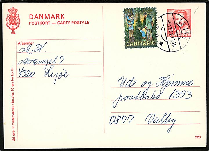 2,80 kr. Margrethe helsagsbrevkort (fabr. 223) med Julemærke 1986 fra Lejre d. 8.12.1986 til Valby.