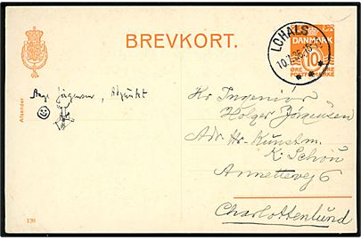 10 øre helsagsbrevkort (fabr. 120) annulleret med brotype IIIc Lohals d. 10.7.1936 til Charlottenlund.