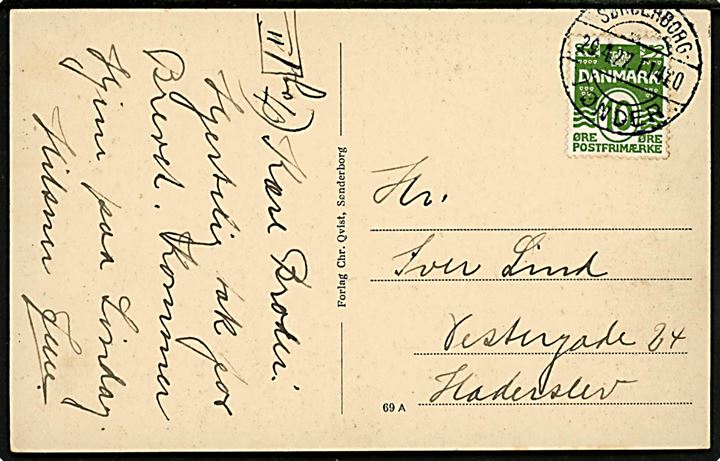 10 øre Bølgelinie på brevkort fra Sønderborg annulleret med vanskeligt bureaustempel Sønderborg - Tønder . T.1420 d. 29.4.1927 til Haderslev. Vanskeligt stempel kun registreret benyttet 1926-1928.