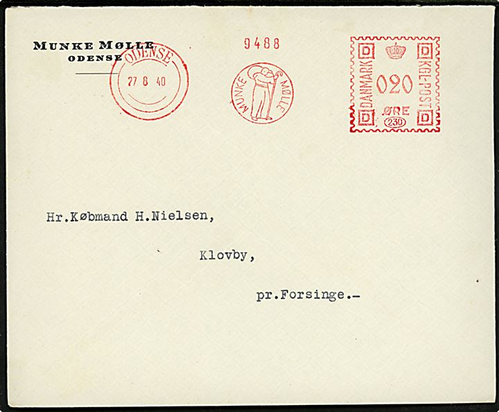 20 øre illustreret firmafranko stempel på brev fra Munke Mølle i Odense d. 27.8.1940 til Flovby pr. Forsinge.