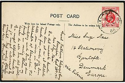 Hong Kong 4 cents Edward VII på brevkort fra dansker ved Store Nordisk Telegrafkompagni annulleret Shanghai Br. P.O. d. 30.9.1911 til Gentofte, Danmark.