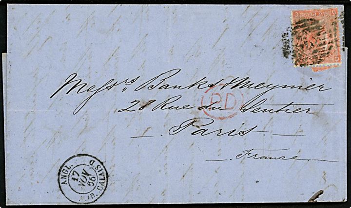 4d Victoria 7. print single på brev fra London d. 16.11.1865 til Paris, Frankrig. Flere stempler, bl.a. PD og Angl. AMB Calais D d. 17.11.1865.