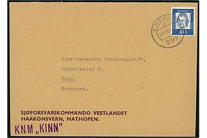 40 pfg. på fortrykt kuvert fra Sjøforsvarskommando Vestlandet annulleret Emden d. 20.10.1964 til Oslo, Norge. Fra den norske undervandbåd KNM Kinn (ex.-tysk U1202).