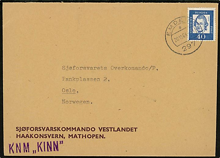 40 pfg. på fortrykt kuvert fra Sjøforsvarskommando Vestlandet annulleret Emden d. 20.10.1964 til Oslo, Norge. Fra den norske undervandbåd KNM Kinn (ex.-tysk U1202).