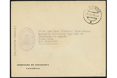 Ufrankeret diplomatisk post fra danske konsulat i Valencia d. 8.4.1939 til danske vice-konsul i San Sebastian. 