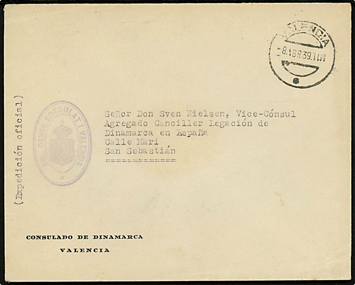 Ufrankeret diplomatisk post fra danske konsulat i Valencia d. 8.4.1939 til danske vice-konsul i San Sebastian. 
