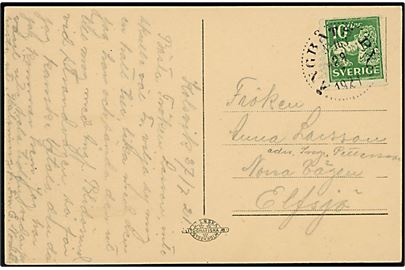 10 öre Løve på brevkort (Kolsvik) annulleret med dampskibsstempel Ångbåts PXP. No. 163 (= Stockholm-Furusund-Norrtälje) d. 28.7.1921 til Elfsjö. Stempel benyttet ombord på dampskibet S/S Rex