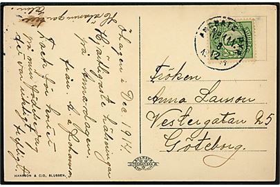 5 öre Gustaf på brevkort (Slussens Pensionat) dateret Öhagen annulleret med dampskibsstempel Ångbåts PXP. No. 111 (= Uddevalla-Lysekil-Brofjorden-Åbyfjorden-Smögen) d. 8.12.1914 til Göteborg. Stembel benyttet ombord på dampskibet S/S Viken.
