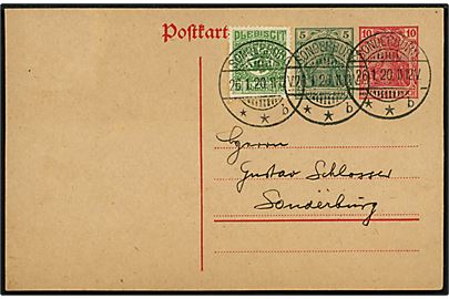 Tysk 5+10 pfg. provisorisk helsagsbrevkort opfrankeret med 5 pfg. Fælles udg. sendt lokalt i Sonderburg d. 26.1.1920. Gyldig blandingsfrankatur, men overfrankeret. 