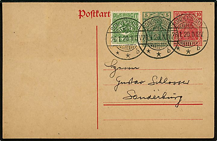 Tysk 5+10 pfg. provisorisk helsagsbrevkort opfrankeret med 5 pfg. Fælles udg. sendt lokalt i Sonderburg d. 26.1.1920. Gyldig blandingsfrankatur, men overfrankeret. 