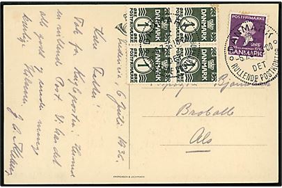 1 øre Bølgelinie i fireblok og 7 øre H. C. Andersen på brevkort annulleret med særstempel Danmark * Det rullende Postkontor * d. 6.7.1936 til Broballe, Als. Det rullende postkontoret var opstillet i Fredericia i forb. med 6. Juli festen.