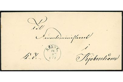 1852. Ufrankeret tjenestebrev mærket K.T. med 1½-ringsstempel Rönne. d. 31.3.1852 til Finansministeriet i Kjøbenhavn. Laksegl bortklippet.