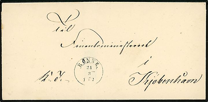 1852. Ufrankeret tjenestebrev mærket K.T. med 1½-ringsstempel Rönne. d. 31.3.1852 til Finansministeriet i Kjøbenhavn. Laksegl bortklippet.