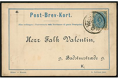 Frikorrespondancekort til firma Falk Valentin med 4 øre Tofarvet 43. tryk annulleret K. Omb. 4 d. 22.3.1888.