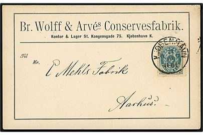 4 øre Tofarvet på tryksagskort fra firma Br. Wolff & Arvé's Conservesfabrik annulleret med lapidar Kjøbenhavn KB d. 23.8.1886 til Aarhus.