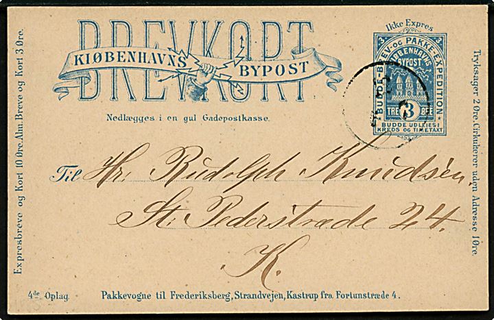 Kiøbenhavns Bypost. 3 øre 4. oplag brevkort fra H. C. Schæffer København Ø til Rudolph Knudsen København K.