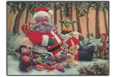3D kort med julemanden der sidder med skovens dyr. Uden adresselinier. Wonder Co, Tokyo. PAT591210. 14,5 x 10,5 cm. 