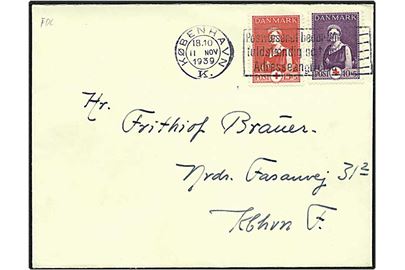 10+5 violet og 15+5 rød Dr. Alexandrine på lokalt brev fra København d. 11.11.1939. Førstedagsstemplet.