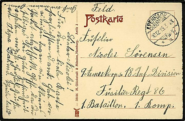 Aabenraa, strand med villa. M. Glückstadt & Münden no. 58444. Anvendt som ufrankeret feltpost fra Apenrade d. 10.12.1915 til soldat på vestfronten.