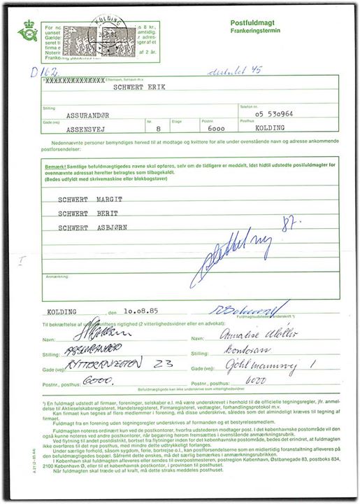 4 kr. Rigsvåben i parstykke på Postfuldmagt A21 (2-85 A4) annulleret med postspare stempel Kolding d. 20.8.1985.
