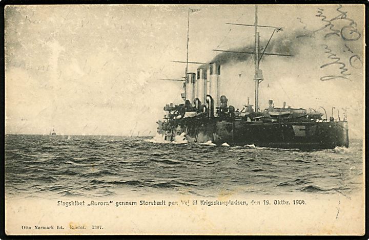 Russiske slagskib Aurora i Storebælt d. 19.10.1904 på vej til krigsskuepladsen i Østasien under den russisk-japanske krig. O. Nørmark no. 1307