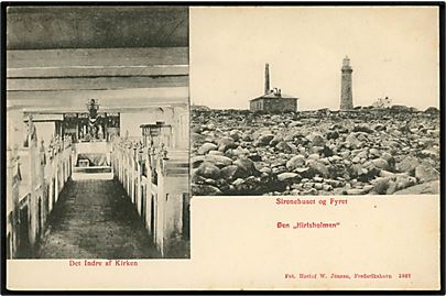 Hirtsholmene, sirenehus og fyrtårn, samt interiør fra kirke. H. W. Jensen no. 2807.