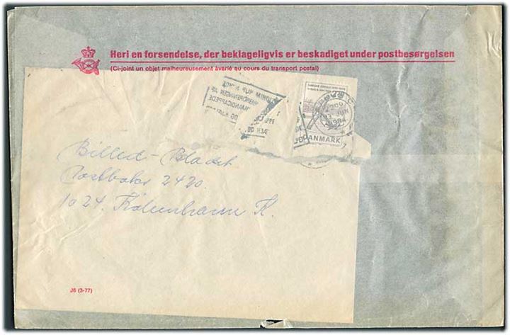 2,70 kr. Danske Søfolk på brev fra Århus C d. 9.6.1984 til København. Beskadiget og ilagt fortrykt pose J6 (3-77) vedr. forsendelse som beklageligvis er beskadiget under postbesørgelsen.