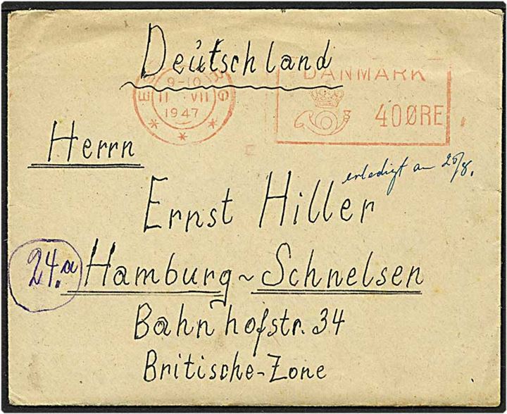 Interneret forsendelse fra Oksbøl d. 11.7.1947 til Hamburg.