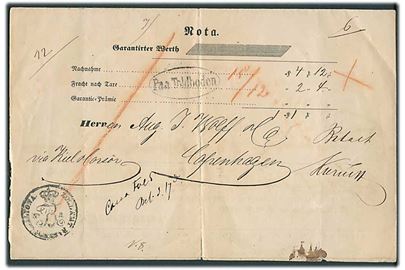 Versand-Frachtbrief for forsendelse fra Hamburg d. 11.12.1858 via Kiel-Corsör til Kjøbenhavn. Altona Toldstempel og ovalt stempel Paa Toldboden.