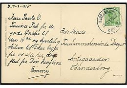 5 øre Chr. X på brevkort fra Bornholm annulleret med sejlende bureaustempel Kjøbenhavn - Rønne POST 2 d. 20.8.1915 til Skanderborg.