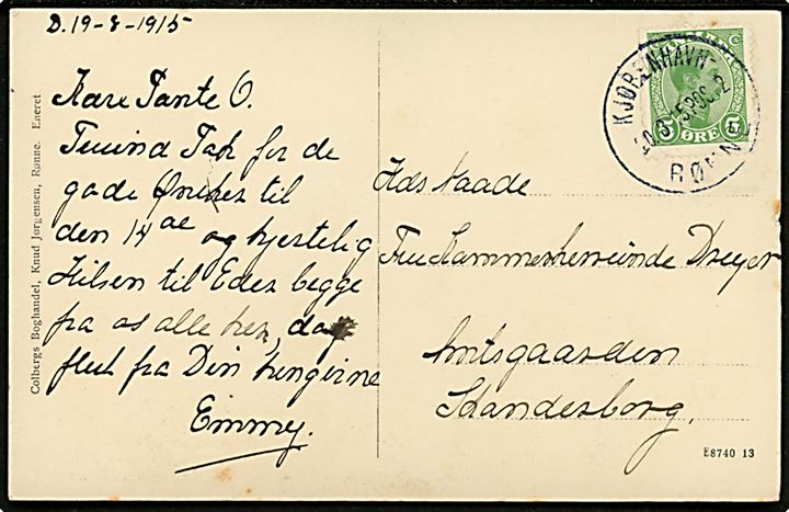 5 øre Chr. X på brevkort fra Bornholm annulleret med sejlende bureaustempel Kjøbenhavn - Rønne POST 2 d. 20.8.1915 til Skanderborg.
