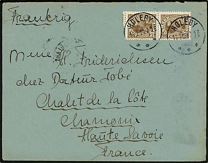 20 øre Chr. X i parstykke på brev annulleret med brotype IIIb Holeby *** d. 15.7.1924 til Chamonix-Mont-Blanc, Frankrig.