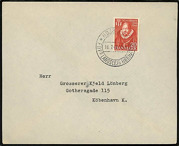 20 øre Tycho Brahe på brev annulleret med spejder særstempel Højbjerg * FDFs Landslejr Hørhaven * d. 18.7.1947 til København.