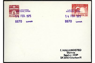 5 øre Bølgelinie og 50 øre Konservatorium på filatelistisk brevkort annulleret med trodat-stempler Laurbjerg Brevsaml.sted / 8870 Langå d. 14.2.1975 til København. Interessant stempel fra brevsamlingssted.