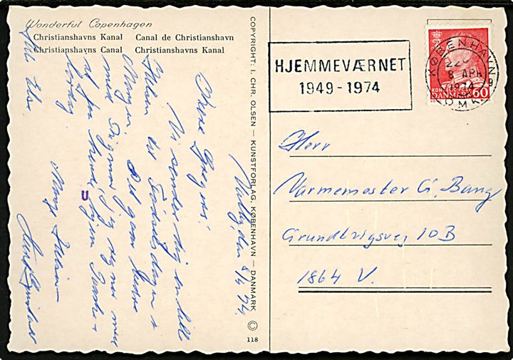 60 øre Fr. IX på brevkort annulleret med TMS Hjemmeværnet 1949-1974 / København OMK.9 d. 8.4.1974 til København V.