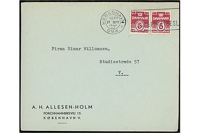 5 øre Bølgelinie (2) på lokalbrev annulleret med TMS København OMK.7 / Tegn Beskæftigelseslaan d. 27.9.1941.