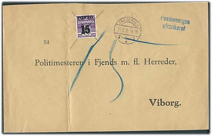 Ufrankeret svarbrev stemplet Frederiks d. 25.5.1936 til Viborg. Udtakseret i enkeltporto med 15/12 øre Porto provisorium.