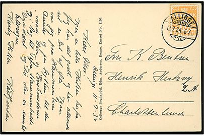 10 øre Bølgelinie på brevkort (Nylars Rundkirke) annulleret med udslebet Brotype Ic stempel Rllinge d. 12.7.1934 til Charlottenlund. Tidligere brotype Ia Allinge S stempel.