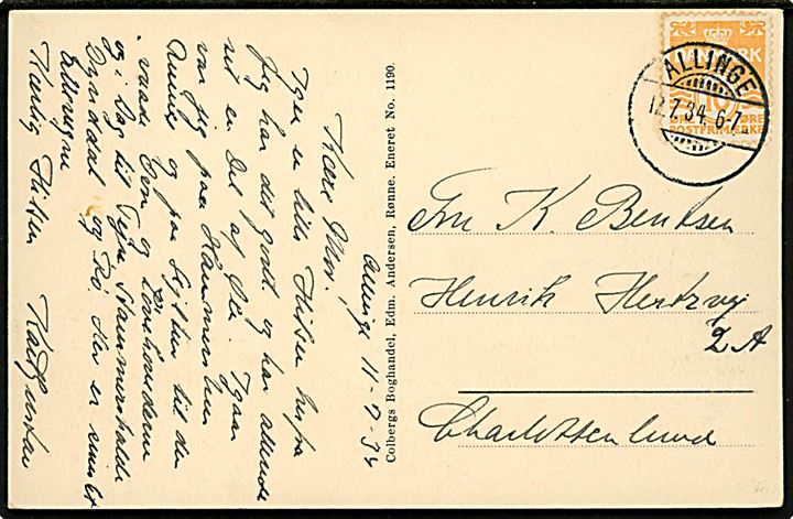 10 øre Bølgelinie på brevkort (Nylars Rundkirke) annulleret med udslebet Brotype Ic stempel Rllinge d. 12.7.1934 til Charlottenlund. Tidligere brotype Ia Allinge S stempel.