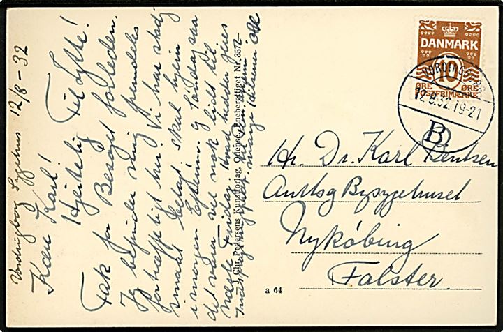 10 øre Bølgelinie på brevkort annulleret med brotype Vc Vordingborg B. d. 12.8.1932 til Nykøbing F.