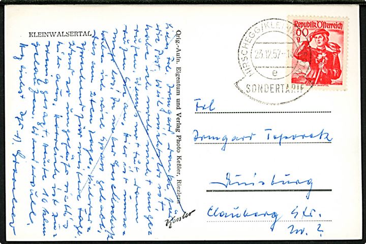 60 g. Folkedragt på brevkort stemplet Hirschegg / Kleinwalsertal / e / Sondertarif d. 23.12.1957 til Duisburg, Tyskland. Særtakst for post fra den østrigske eksklave Kleinwalsertal til Tyskland.