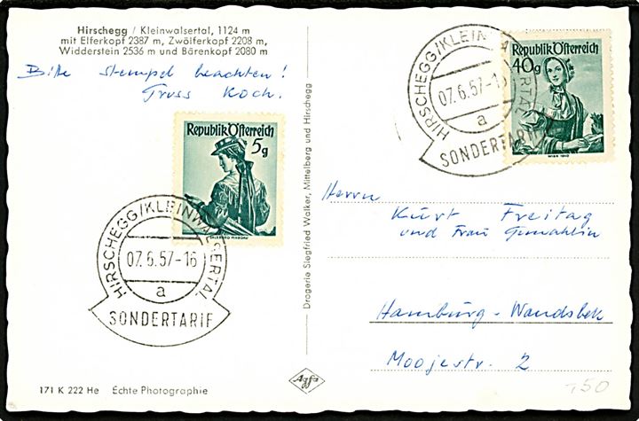 5 gr. og 40 gr. Folkedragt på brevkort stemplet Hirschegg / Kleinwalsertal / a / Sondertarif d. 7.6.1957 til Hamburg, Tyskland. Særtakst for post fra den østrigske eksklave Kleinwalsertal til Tyskland.