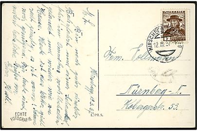 12 g. Folkedragt på brevkort stemplet Hirschegg / Voralberg d. 12.3.1937 til Nürnberg,Tyskland. Interessant brevkort fra den østrigske eksklave Kleinwalsertal til Tyskland.
