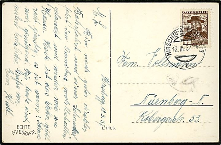 12 g. Folkedragt på brevkort stemplet Hirschegg / Voralberg d. 12.3.1937 til Nürnberg,Tyskland. Interessant brevkort fra den østrigske eksklave Kleinwalsertal til Tyskland.