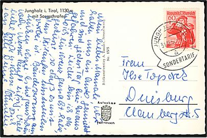 60 g. Folkedragt på brevkort stemplet Jungholz / Tirol / Sondertarif d. 31.12.1957 tilDuisburg, Tyskland. Eneste adgang til eksklaven Jungholz (7 km2) er gennem Tyskland. Området har tidl. benyttet tysk valuta og har både tysk og østrigsk postnummer.
