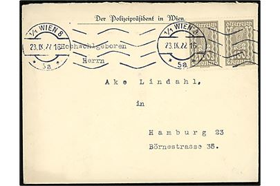 100 kr. Infla udg. i parstykke på fortrykt kuvert fra Der Polizeipräsident in Wien d. 23.9.1922 til Hamburg, Tyskland. På bagsiden rød lukkeoblat. 